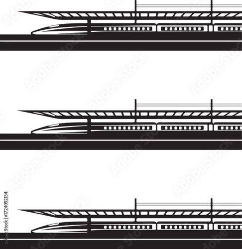 Black and white graphic illustration of a high speed train on tracks bullet train transportation