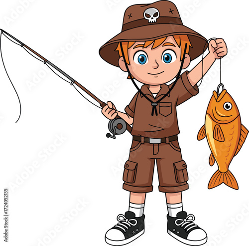 Cartoon boy holding fishing rod and caught fish, outdoor activity scene, smiling child in brown outfit, nature adventure, vector illustration for kids