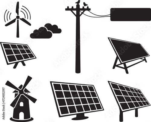 Vector illustration depicting renewable energy sources including solar panels wind turbines
