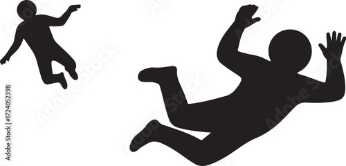 Two black silhouettes of people falling or skydiving against a white background jumping person