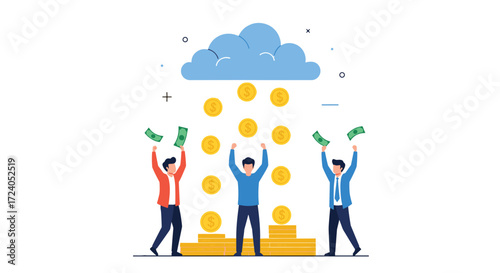 People celebrating as money falls from a cloud.