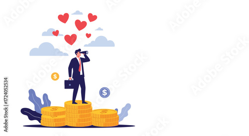 A businessman looks through a telescope for love on a pile of gold coins.