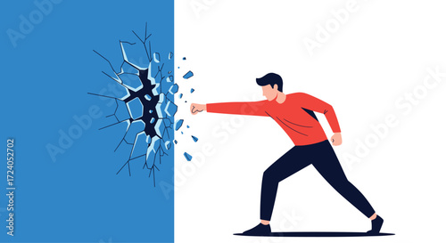 Man punching through a blue wall breaking the barrier.