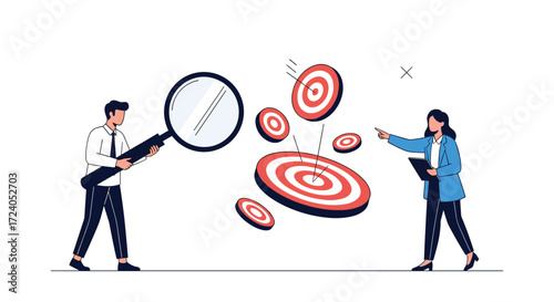 Two people analyze multiple targets using a magnifying glass.