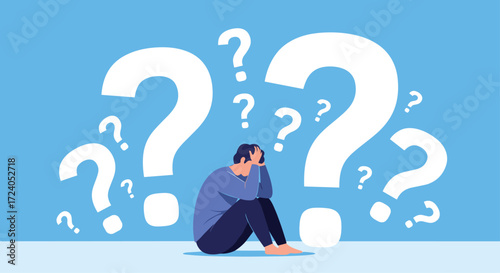 A person sits with head in hands surrounded by question marks.