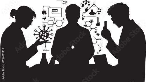 Three scientists in silhouette examining a virus model and molecular structures science laboratory