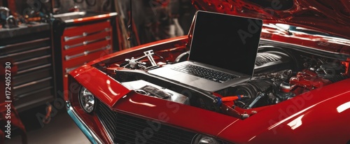 The muscle car with a laptop on its engine undergoing diagnostics in a garage