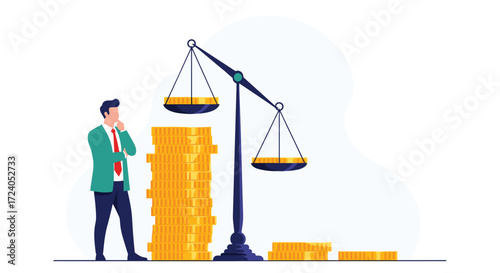 Man contemplating investment decisions and financial balance scales.