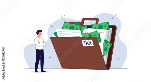 A man standing and looking at a large overflowing briefcase full of cash and tax documents.