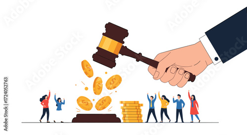 Financial auction with a gavel over coins and people celebrating.