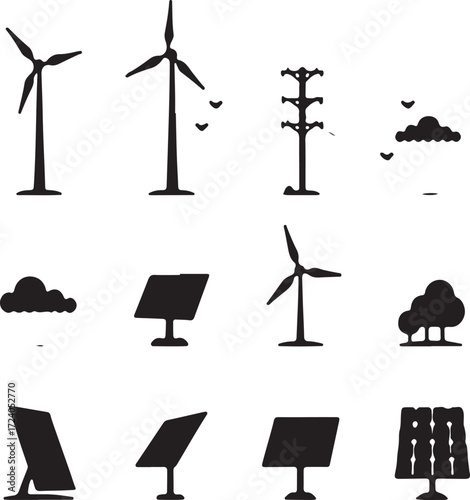wind turbines solar panel powered car and charging station in black and white style
