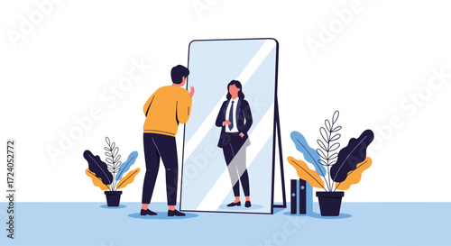 A person checks their appearance in a large mirror