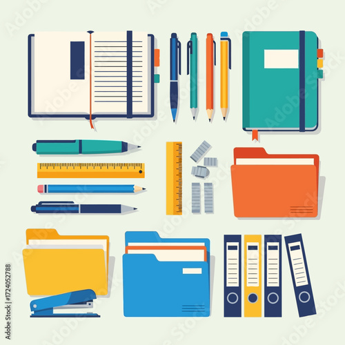 A flat lay illustration of various colorful office and school supplies including notebooks, pens, pencils, folders, and binders.