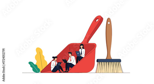Business professionals getting organized and cleaning their workspace.