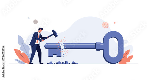 A businessman breaks a large key with a hammer.