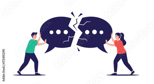 People pushing apart two broken speech bubbles representing conflict.