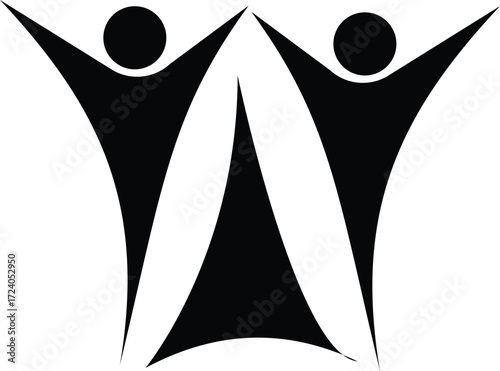 Modern abstract logo design featuring two figures raising arms together in unity symbol vector