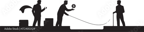 Three black silhouette figures interacting with bitcoin and abstract shapes on a white background cryptocurrency
