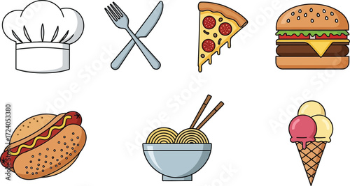 Chef hat cutlery pizza burger hotdog noodles ice cream icons vector