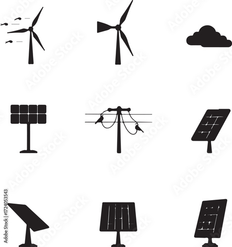 Wind turbine generating energy, solar panel harnessing sunlight. Ideal for renewable energy, sustainability, eco-technology, environment, clean energy, innovation, and future-focused solutions
