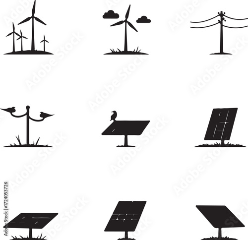 Renewable energy resources featuring wind turbines and a solar panel in black
