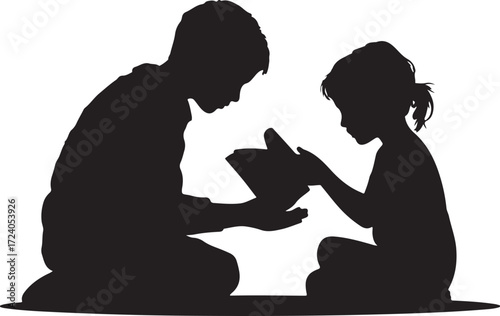 Silhouette of a boy reading a book to a younger girl vector