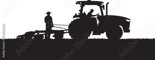 Silhouette of a farmer driving a tractor plowing a field with a second farmer standing nearby vector