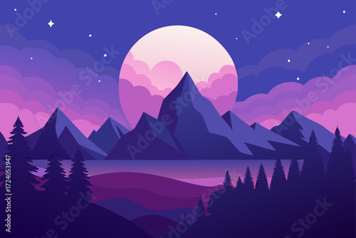 Landscape of mountains under a full moon