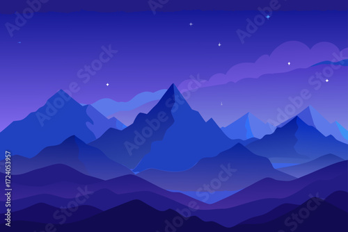 Illustration of blue mountains at night time