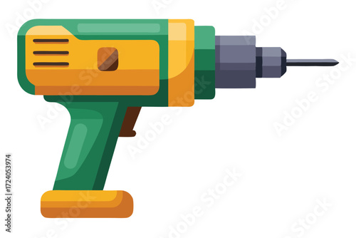 A green and yellow drilling machine for making holes stands on a white background