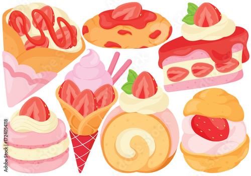 illustration of Strawberry Dessert Clip Art Set Hand Painted Cake Crepe Roll Macaron Puff Ice Cream Sweet Food Vector Illustration