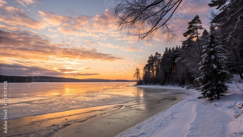 Sunset on the shore of a snow-covered river