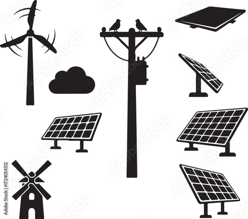 Illustrations of renewable energy sources including wind turbines, solar panels,
