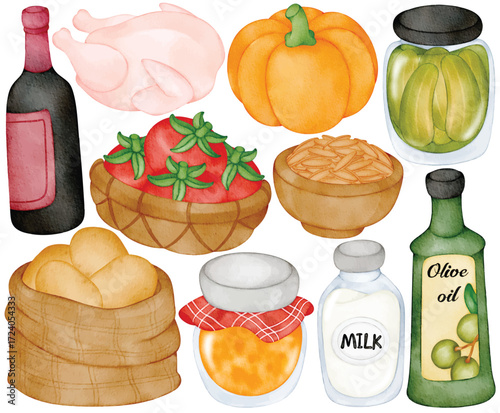 Watercolor Farm Product Clip Art Set Hand Painted Chicken Pumpkin Tomato Milk Olive Oil Bread Wine Cheese Honey Pickles Basket Illustration