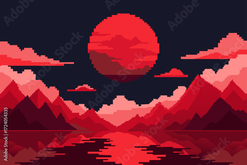 Pixelated red moon over mountain landscape