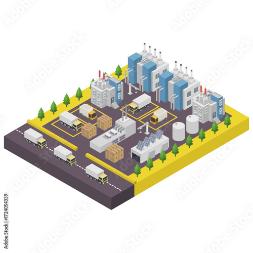 Green Recycle Factory Building With Solar Panel Isometric