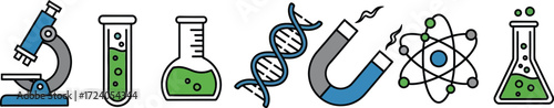 Scientific icons microscope dna magnet atom flasks diverse science symbols vector