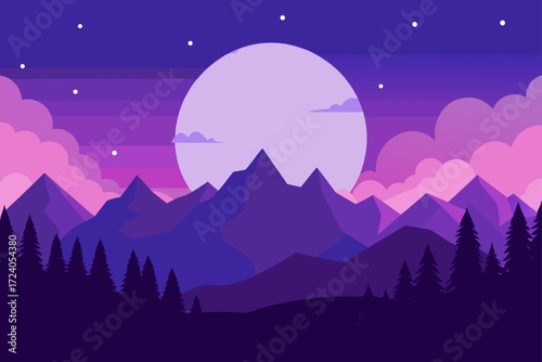 A landscape of mountains under a full moon