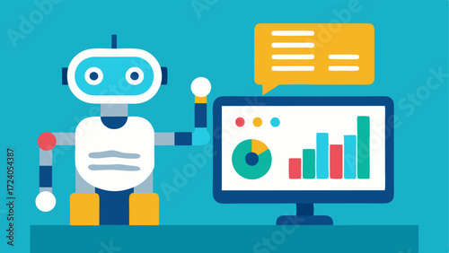 Data Collection Display A robot sitting beside a computer screen displaying colorful graphs and patient data analytics with the robot pointing at the screen as if discussing the