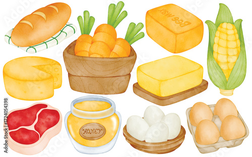 Watercolor Farm Product Clip Art Set Hand Painted Chicken Pumpkin Tomato Milk Olive Oil Bread Wine Cheese Honey Pickles Basket Illustration