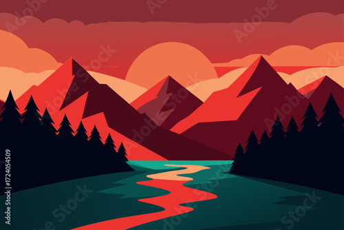 Landscape with mountains and river at sunset