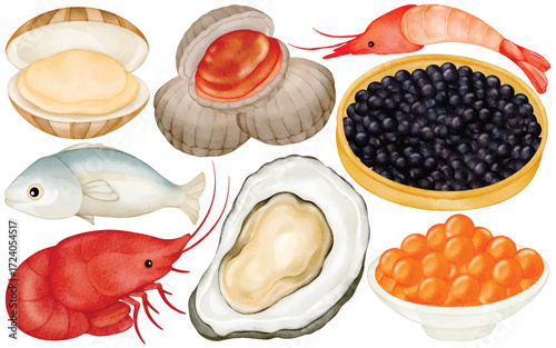 Watercolor Seafood Clip Art Set Hand Painted Shrimp Fish Oyster Scallop Salmon Roe Caviar Shell Marine Food Illustration