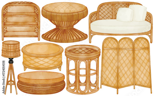 Watercolor Rattan Furniture Clip Art Set Hand Painted Sofa Chair Table Shelf Lamp Room Divider Home Decor Boho Interior Illustration