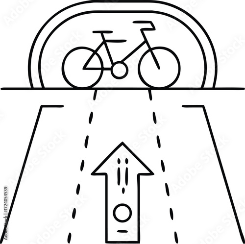 Bike lane sign on road with directional arrow and dashed lines