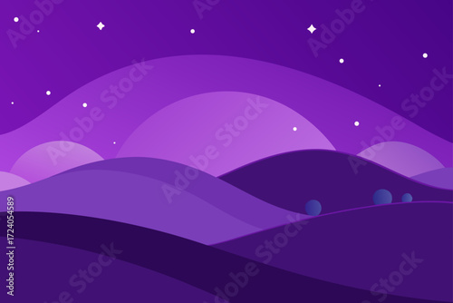 Purple landscape with hills and stars sky