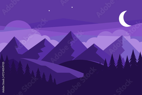 Purple mountain landscape with moon stars