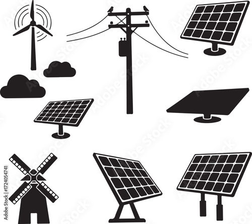 Collection of black and white icons representing renewable energy sources and sustainability.
