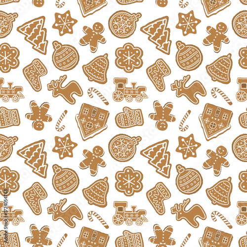 Christmas Cookies Pattern. Seamless Print with Gingerbread Cookies. Gingerbread House, Deer, Train, Glove, Gingerbread Man, Star. Winter Background. Template. Vector illustration on White Background