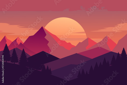 Sunset over mountain range with pine trees