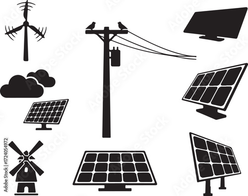 Illustration showing wind turbines, solar panels, clouds, sun, and a recycle symbol in black and white
